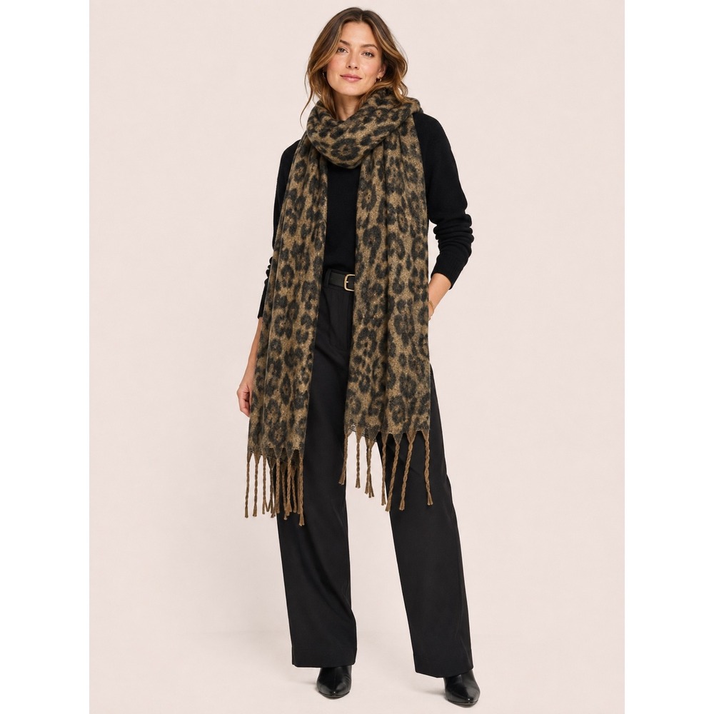 Tahari Leopard Print Scarf Oversized Brown Tan Fring Wrap